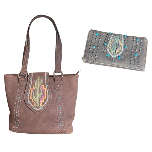 Montana West Sassy Cactus Concealed Carry Handbag & Wallet Sueded Brown Western - Picture 1 of 16